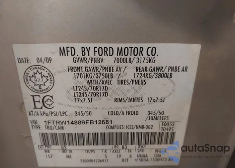 2009 Ford F150 Supercrew z USA, uszkodzony, nr VIN 1FTRW14889FB12681